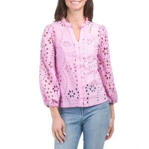 Liv Los Angeles Sz 1X Pink Eyelet 100% Cotton Button-Up Blouse Coquette Fairy